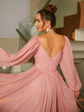 A-Line/Princess 30D Chiffon Ruched V-neck Long Sleeves Floor-Length Dresses Evening Prom Dress