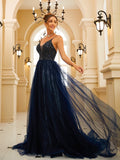 A-Line/Princess Tulle Beading V-neck Sleeveless Sweep/Brush Train Dresses Prom Evening Dress