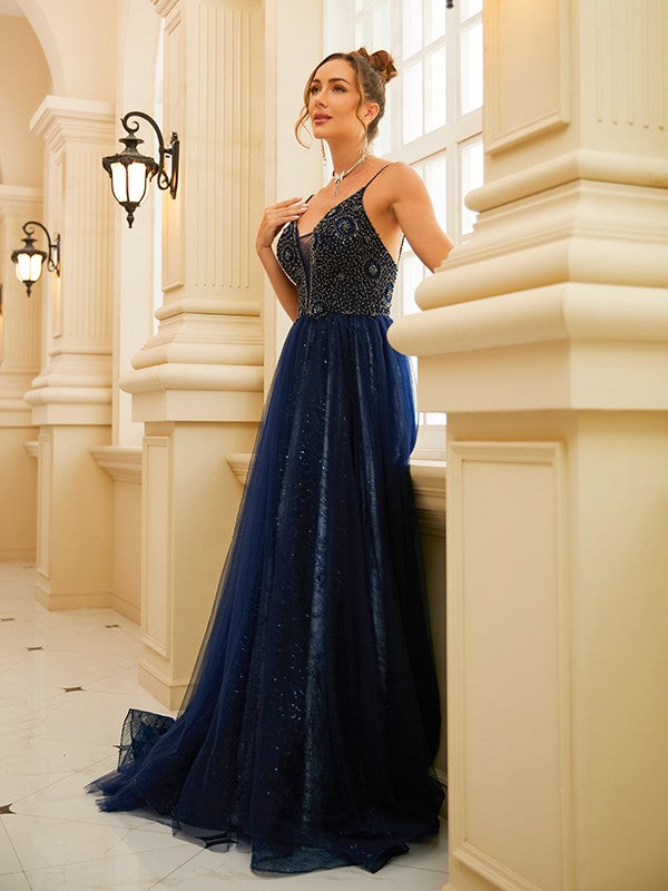 A-Line/Princess Tulle Beading V-neck Sleeveless Sweep/Brush Train Dresses Prom Evening Dress