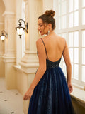 A-Line/Princess Tulle Beading V-neck Sleeveless Sweep/Brush Train Dresses Prom Evening Dress