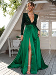A-Line/Princess Velvet Sequins Bowknot V-neck Long Sleeves Sweep/Brush Train Dresses Prom Evening Dress