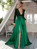 A-Line/Princess Velvet Sequins Bowknot V-neck Long Sleeves Sweep/Brush Train Dresses Prom Evening Dress