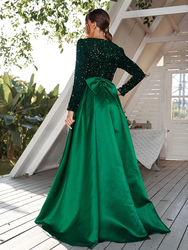 A-Line/Princess Velvet Sequins Bowknot V-neck Long Sleeves Sweep/Brush Train Dresses Prom Evening Dress