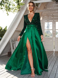 A-Line/Princess Velvet Sequins Bowknot V-neck Long Sleeves Sweep/Brush Train Dresses Prom Evening Dress