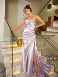Sheath/Column Silk like Satin Ruched Sweetheart Sleeveless Sweep/Brush Train Dresses Prom Evening Dress