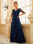 Vestido de noche para madre de la novia, corte A/princesa, de gasa, fruncido, escote en V, mangas 1/2 y largo hasta el suelo