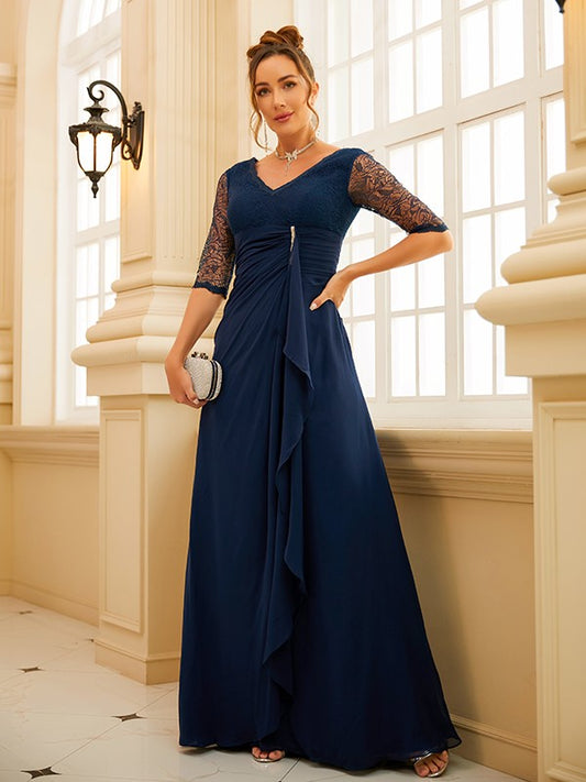 Vestido de noche para madre de la novia, corte A/princesa, de gasa, fruncido, escote en V, mangas 1/2 y largo hasta el suelo