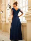 Vestido de noche para madre de la novia, corte A/princesa, de gasa, fruncido, escote en V, mangas 1/2 y largo hasta el suelo