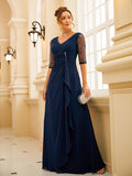 Vestido de noche para madre de la novia, corte A/princesa, de gasa, fruncido, escote en V, mangas 1/2 y largo hasta el suelo