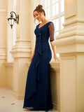 Vestido de noche para madre de la novia, corte A/princesa, de gasa, fruncido, escote en V, mangas 1/2 y largo hasta el suelo
