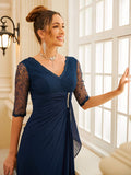 Vestido de noche para madre de la novia, corte A/princesa, de gasa, fruncido, escote en V, mangas 1/2 y largo hasta el suelo