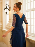 Vestido de noche para madre de la novia, corte A/princesa, de gasa, fruncido, escote en V, mangas 1/2 y largo hasta el suelo