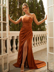 Sheath/Column Satin Chiffon Ruched One-Shoulder Sleeveless Sweep/Brush Train Dresses Prom Evening Dress