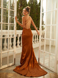 Sheath/Column Satin Chiffon Ruched One-Shoulder Sleeveless Sweep/Brush Train Dresses Prom Evening Dress
