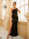 Sheath/Column Lace One-Shoulder Sleeveless Sweep/Brush Train Dresses Prom Evening Dress