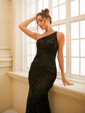 Sheath/Column Lace One-Shoulder Sleeveless Sweep/Brush Train Dresses Prom Evening Dress