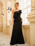 Sheath/Column Stretch Crepe Ruffles One-Shoulder Sleeveless Floor-Length Dresses Prom Evening Dress