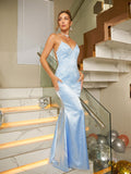 Sheath/Column Silk like Satin Applique V-neck Sleeveless Floor-Length Dresses Prom Evening Dress