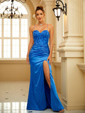 Sheath/Column Silk Like Satin Applique Halter Sleeveless Sweep/Brush Train Dresses Prom Evening Dress