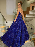 A-Line/Princess Velvet Sequins Paillette V-neck Sleeveless Sweep/Brush Train Dresses Prom Evening Dress