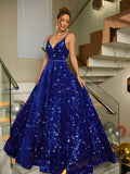 A-Line/Princess Velvet Sequins Paillette V-neck Sleeveless Sweep/Brush Train Dresses Prom Evening Dress