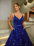 A-Line/Princess Velvet Sequins Paillette V-neck Sleeveless Sweep/Brush Train Dresses Prom Evening Dress