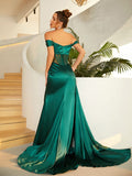 Sheath/Column Silk Like Satin Ruched Off-the-Shoulder Short Sleeves Sweep/Brush Train Dresses Prom Evening Dress