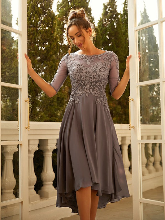 Vestido de noche asimétrico de gasa con apliques, corte A/princesa, escote redondo y mangas 1/2 para madre de la novia