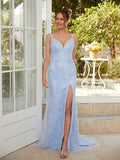 Sheath/Column Tulle Applique V-neck Sleeveless Sweep/Brush Train Dresses Prom Evening Dress