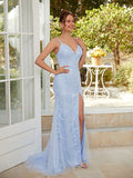 Sheath/Column Tulle Applique V-neck Sleeveless Sweep/Brush Train Dresses Prom Evening Dress