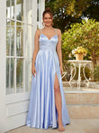 A-Line/Princess Silk like Satin Lace V-neck Sleeveless Floor-Length Dresses Prom Evening Dress