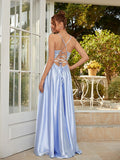 A-Line/Princess Silk like Satin Lace V-neck Sleeveless Floor-Length Dresses Prom Evening Dress