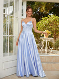 A-Line/Princess Silk like Satin Lace V-neck Sleeveless Floor-Length Dresses Prom Evening Dress