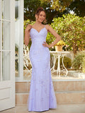 Sheath/Column Tulle Applique V-neck Sleeveless Floor-Length Dresses Prom Evening Dress
