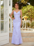 Sheath/Column Tulle Applique V-neck Sleeveless Floor-Length Dresses Prom Evening Dress