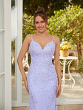 Sheath/Column Tulle Applique V-neck Sleeveless Floor-Length Dresses Prom Evening Dress