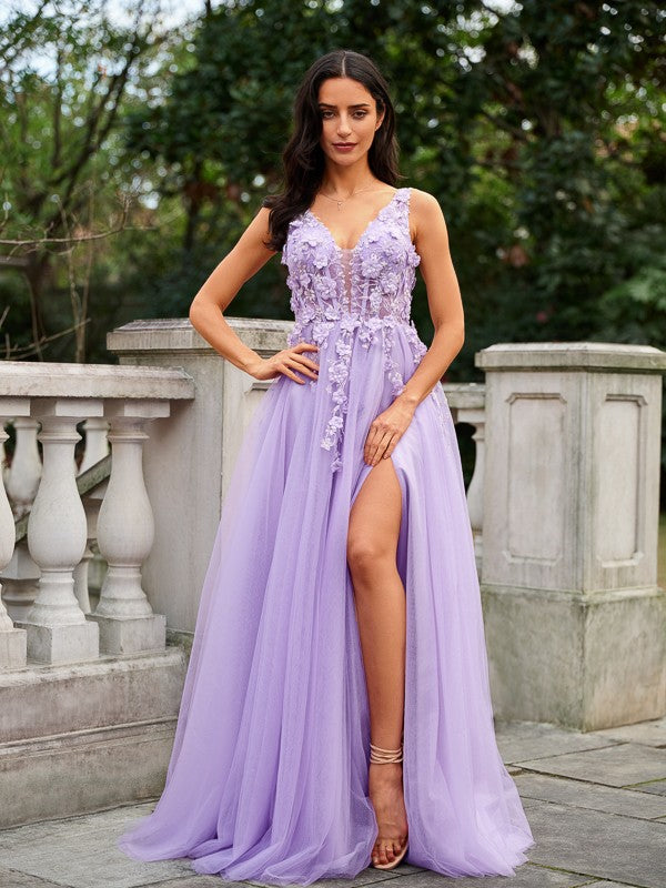 A-Line/Princess Tulle Applique V-neck Sleeveless Floor-Length Evening Dresses Prom Dress