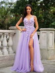 A-Line/Princess Tulle Applique V-neck Sleeveless Floor-Length Evening Dresses Prom Dress