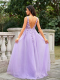 A-Line/Princess Tulle Applique V-neck Sleeveless Floor-Length Evening Dresses Prom Dress
