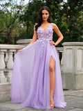 A-Line/Princess Tulle Applique V-neck Sleeveless Floor-Length Evening Dresses Prom Dress