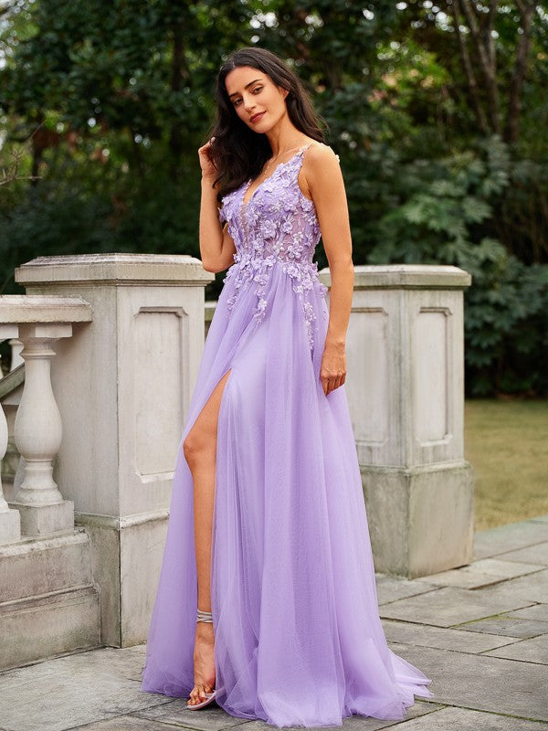 A-Line/Princess Tulle Applique V-neck Sleeveless Floor-Length Evening Dresses Prom Dress