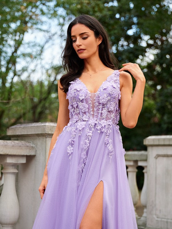 A-Line/Princess Tulle Applique V-neck Sleeveless Floor-Length Evening Dresses Prom Dress