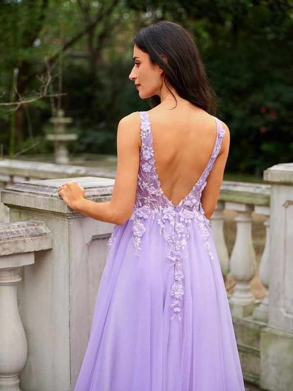 A-Line/Princess Tulle Applique V-neck Sleeveless Floor-Length Evening Dresses Prom Dress