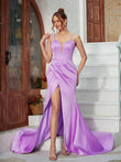 Sheath/Column Satin Ruched Straps Sleeveless Sweep/Brush Train Dresses Prom Evening Dress
