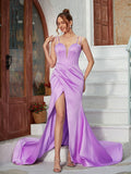 Sheath/Column Satin Ruched Straps Sleeveless Sweep/Brush Train Dresses Prom Evening Dress