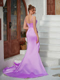 Sheath/Column Satin Ruched Straps Sleeveless Sweep/Brush Train Dresses Prom Evening Dress