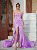 Sheath/Column Satin Ruched Straps Sleeveless Sweep/Brush Train Dresses Prom Evening Dress