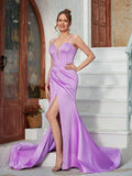 Sheath/Column Satin Ruched Straps Sleeveless Sweep/Brush Train Dresses Prom Evening Dress
