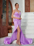 Sheath/Column Satin Ruched Straps Sleeveless Sweep/Brush Train Dresses Prom Evening Dress