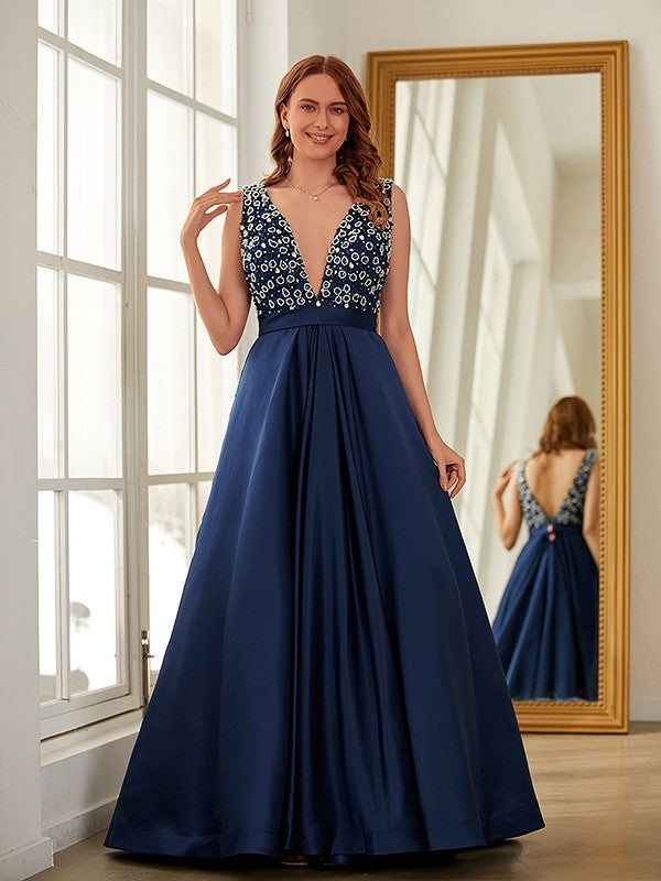 A-Line/Princess Satin Beading V-neck Sleeveless Sweep/Brush Train Dresses Prom Evening Dress